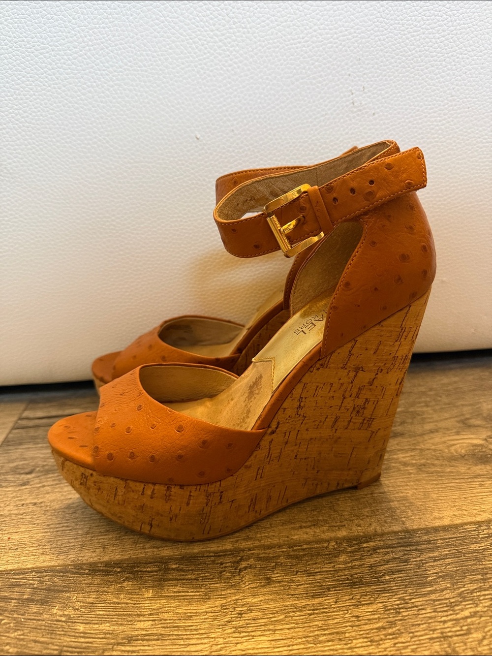 Michael Kors Tan Cork Wedge Sandals with Ankle Buckle